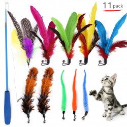 11pcs Cat Teaser Stick Caterpillar Feather Replacement Head Pet Set Retractable Fishing Rod Cat Toys