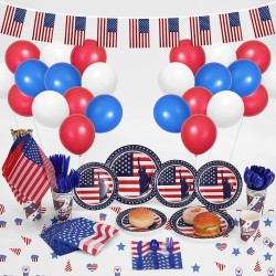 4th of July Party Supplies American Flag Decorations - Includes Tablecloths, Plates, Napkins, Cups, Flatware Set and Small American Flags, Banner, Balloons for Patriotic Party