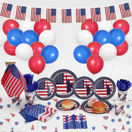 4th of July Party Supplies American Flag Decorations - Includes Tablecloths, Plates, Napkins, Cups, Flatware Set and Small American Flags, Banner, Balloons for Patriotic Party 4th of July Party Supplies American Flag Decorations - Includes Tablecloths, Plates, Napkins, Cups, Flatware Set and Small American Flags, Banner, Balloons for Patriotic Party